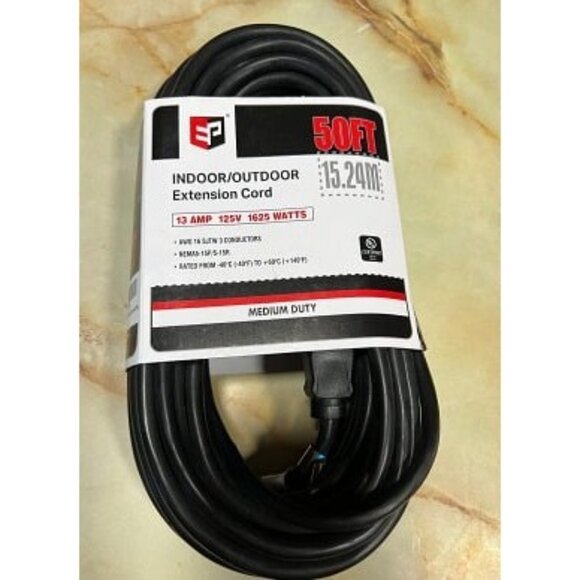 New 50 Ft Outdoor Extension Cord - 16/3 SJTW Black Electrical Cable - Picture 2 of 9